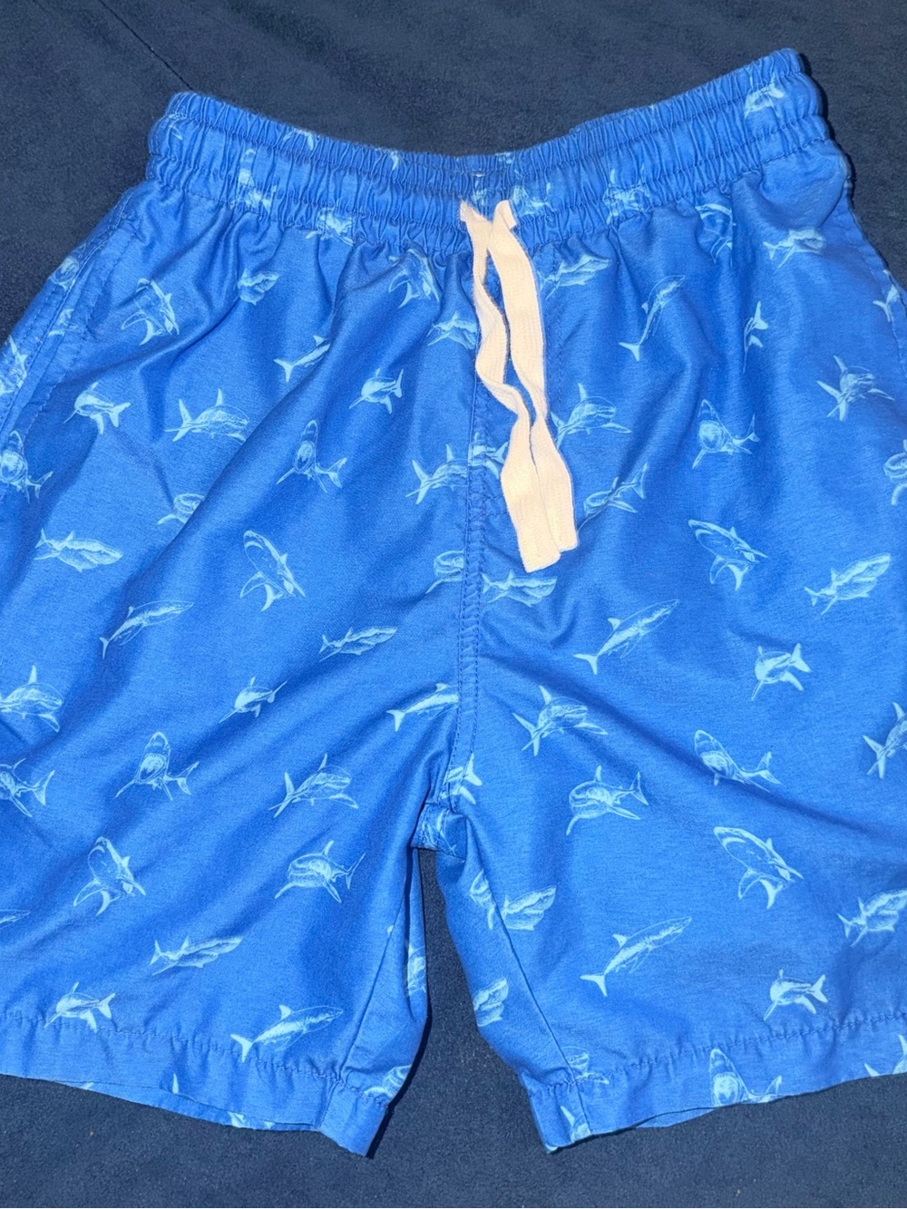 Boys Blue Shark-Print Hybrid Swim Shorts with Drawstring